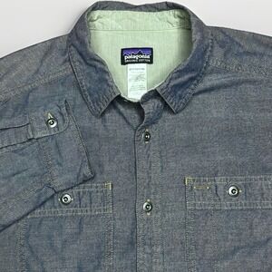 Patagonia Fjord Flannel Shirt Mens Medium Blue Denim Chambray Organic Cotton